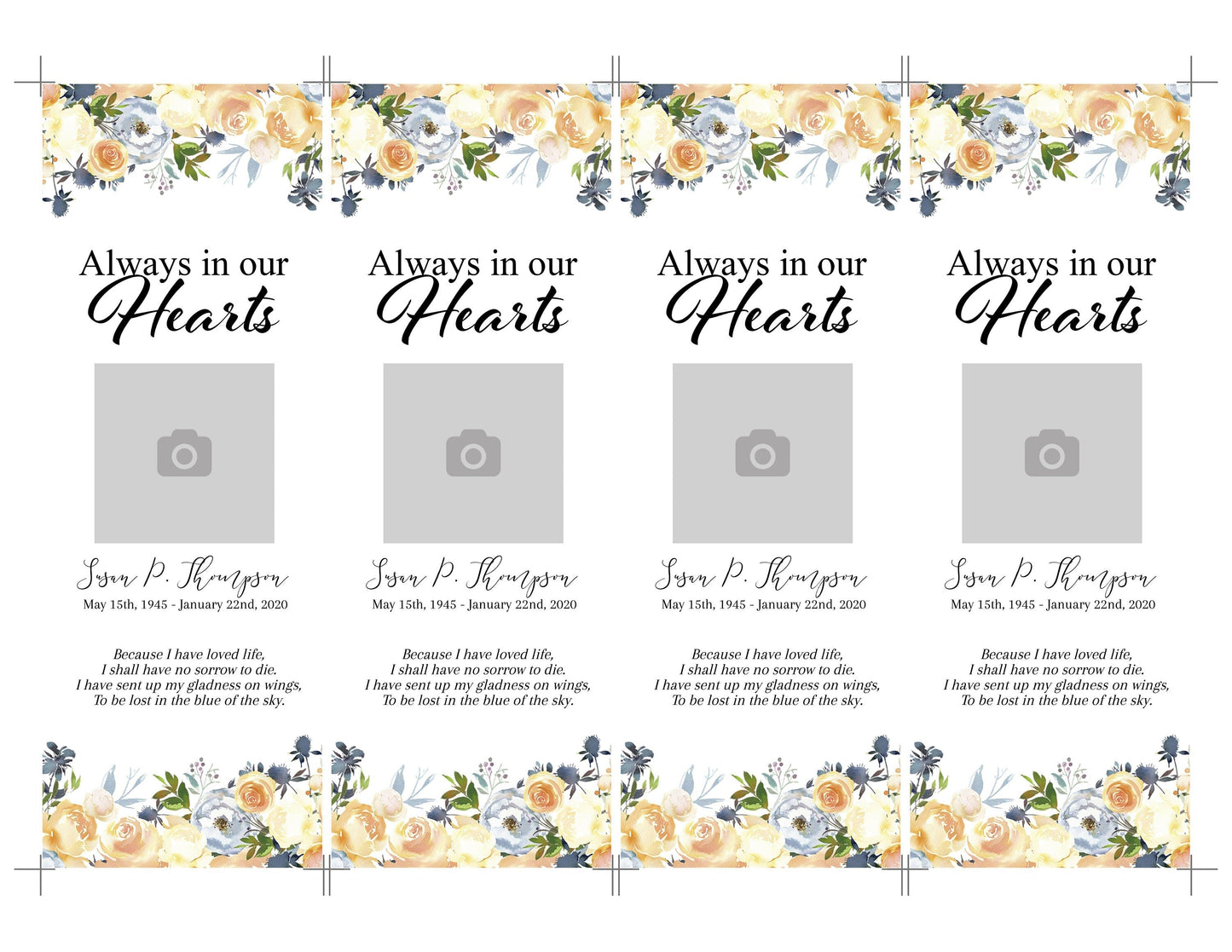 Yellow Rose Funeral Bookmark Keepsake Template - lovingmemoryprints