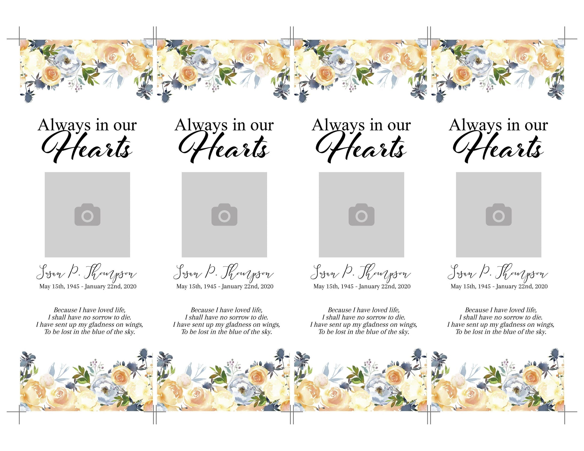 Yellow Rose Funeral Bookmark Keepsake Template - lovingmemoryprints
