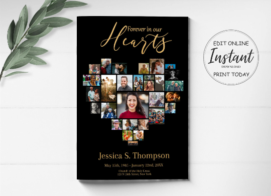 A heart shaped photo collage is on the front of a funeral program template with a black background and golden text