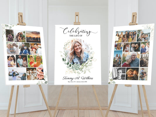 Greenery and gold funeral service memory board templates