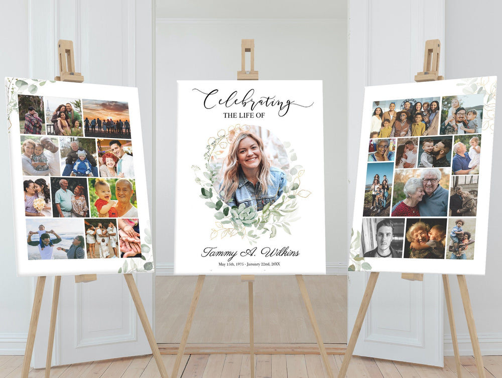 Greenery and gold funeral service memory board templates
