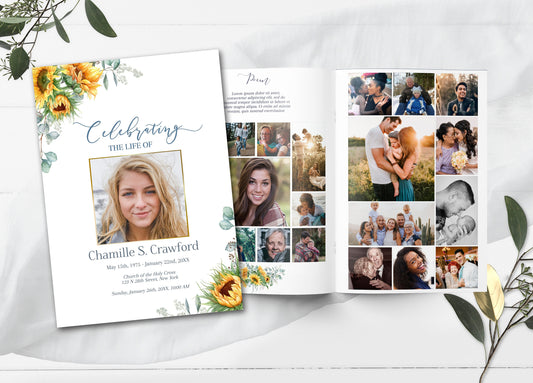 sunflower adorned funeral program template with photo inserts