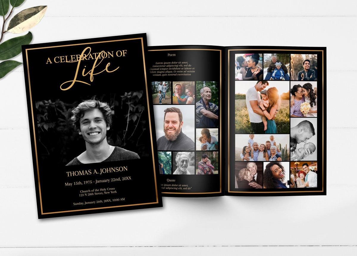 Black and Gold Funeral Program Editable 8 Page